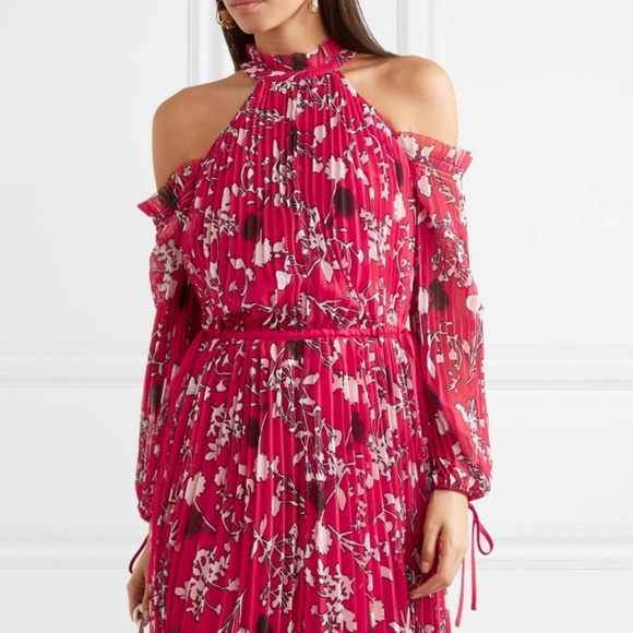 Self-Portrait Floral Chiffon Maxi Dress Red Cold Shoulder Pleated Hi-Low Size SM - Picture 3 of 16